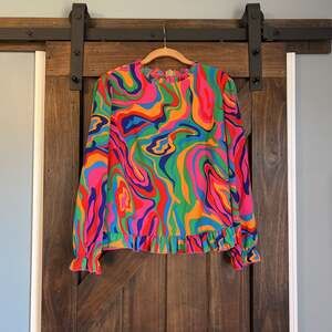 CURVE+ Plus‎ Size Marble Print Ruffle Sleeve Shirt